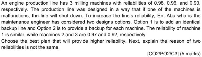 An engine production line has 3 milling machines with reliabilities of 0.98, 0.96, and 0.93, respectively. The production lin