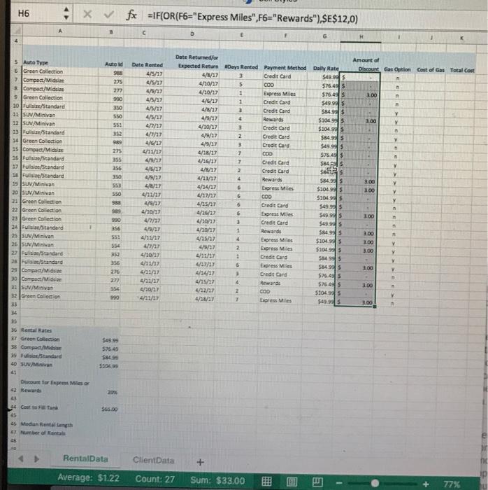 X Vfx =IF(OR(F6=Express Miles,F6=Rewards),$E$12,0) Date Returned/or Expected Return Amount of punt Gas Option Autold Dat