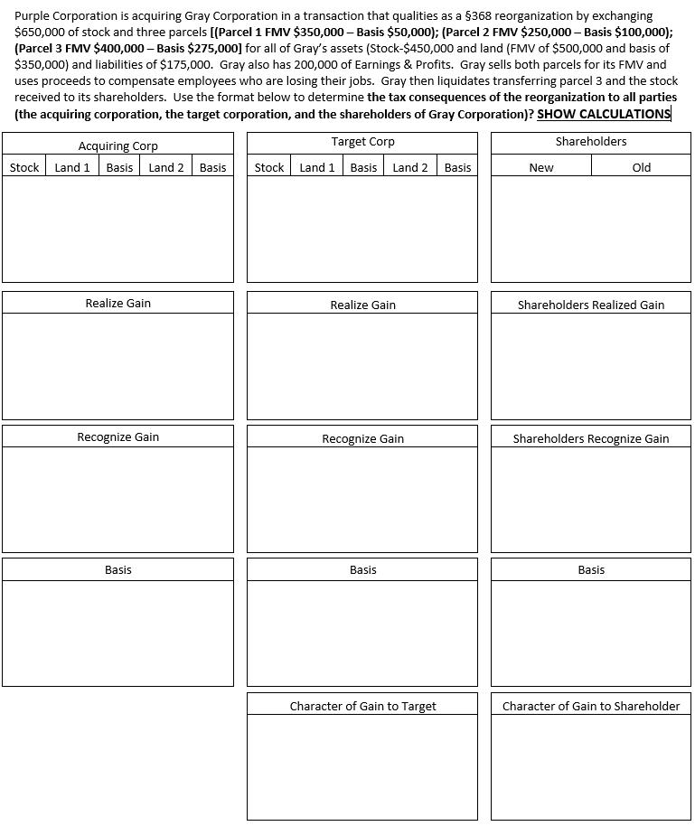Purple Corporation is acquiring Gray Corporation in a transaction that qualities as a $368 reorganization by exchanging $650,
