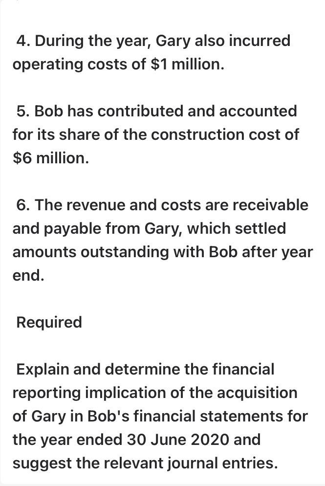 4. During the year, Gary also incurred operating costs of $1 million. 5. Bob has contributed and accounted for its share of t