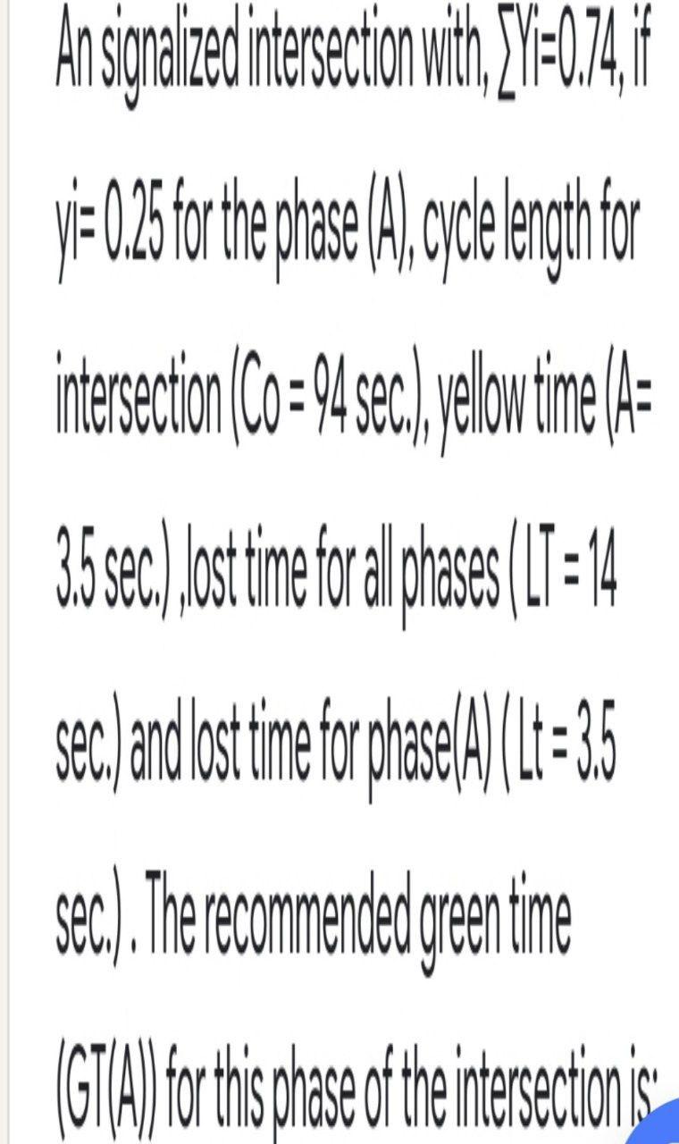 An signalized intersection with Y+0.7, y = 02 for the phase (4) cycelength for intersection Co= 94 sec) , yellowtime (A= 3.5 