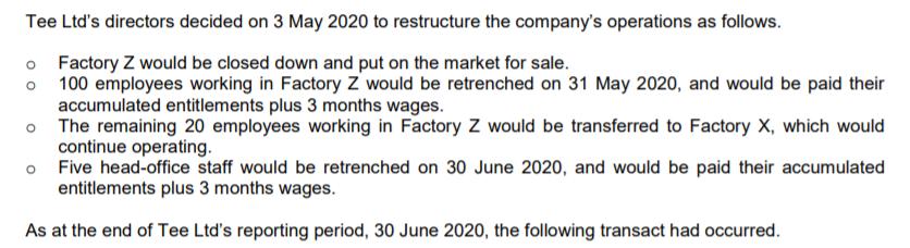 Tee Ltds directors decided on 3 May 2020 to restructure the companys operations as follows. o Factory Z would be closed dow