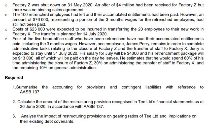 o Factory Z was shut down on 31 May 2020. An offer of $4 million had been received for Factory Z but there was no binding sal