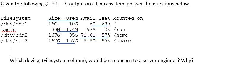 Given the following $ df -h output on a Linux system, answer the questions below. 6G Filesystem /dev/sda1 tmpfs /dev/sda2 /de