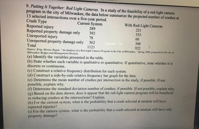 78 Total 9. Putting It Together: Red Light Cameras. In a study of the feasibility of a red-light camera program in the city o