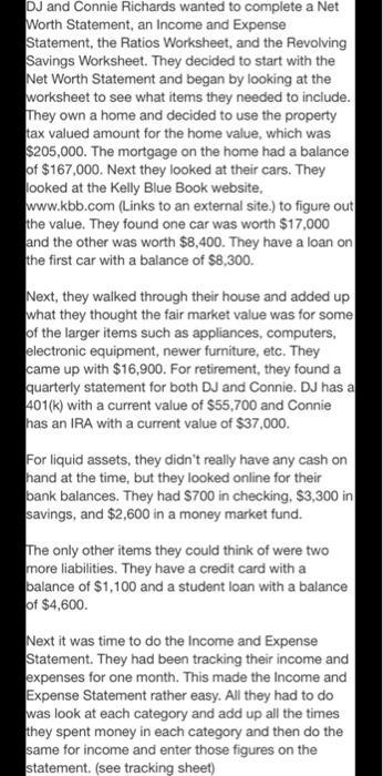 DJ and Connie Richards wanted to complete a Net Worth Statement, an Income and Expense Statement, the Ratios Worksheet, and t