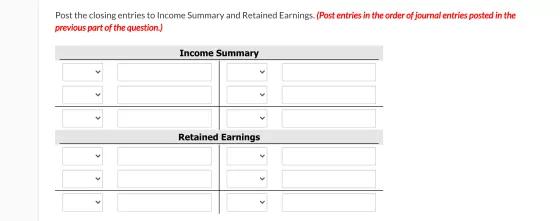 Post the closing entries to Income Summary and Retained Earnings. (Post entries in the order of journal entries posted in the