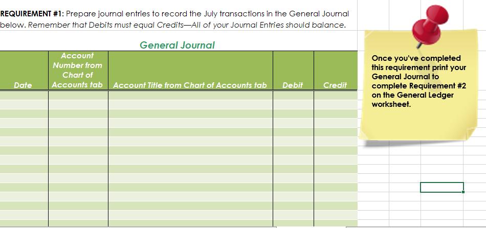 REQUIREMENT #1: Prepare journal entries to record the July transactions in the General Journal below. Remember that Debits mu