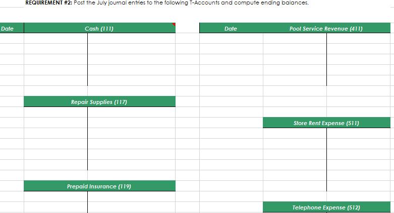 REQUIREMENT #2: Post the July journal entries to the following T-Accounts and compute ending balances. Date Cash (111) Date P
