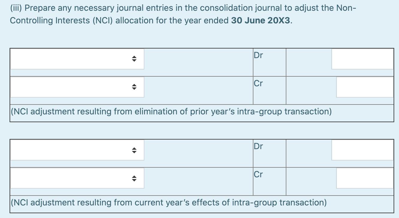 (iii) Prepare any necessary journal entries in the consolidation journal to adjust the Non- Controlling Interests (NCI) alloc