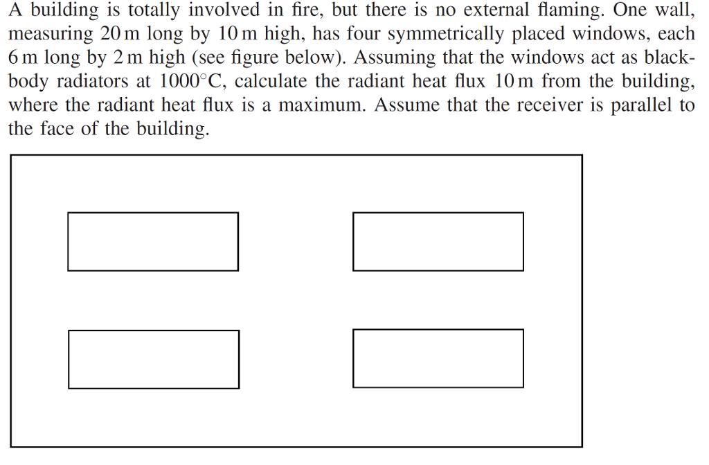A building is totally involved in fire, but there is no external flaming. One wall, measuring 20m long by 10 m high, has four symmetrically placed windows, each 6 m long by 2 m high (see figure below). Assuming that the windows act as black body radiators at 1000°C, calculate the radiant heat flux 10 m from the building, where the radiant heat flux is a maximum. Assume that the receiver is parallel to the face of the building