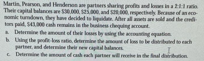 Martin, Pearson, and Henderson are partners sharing profits and losses in a 2:1:1 ratio. Their capital balances are $30,000,
