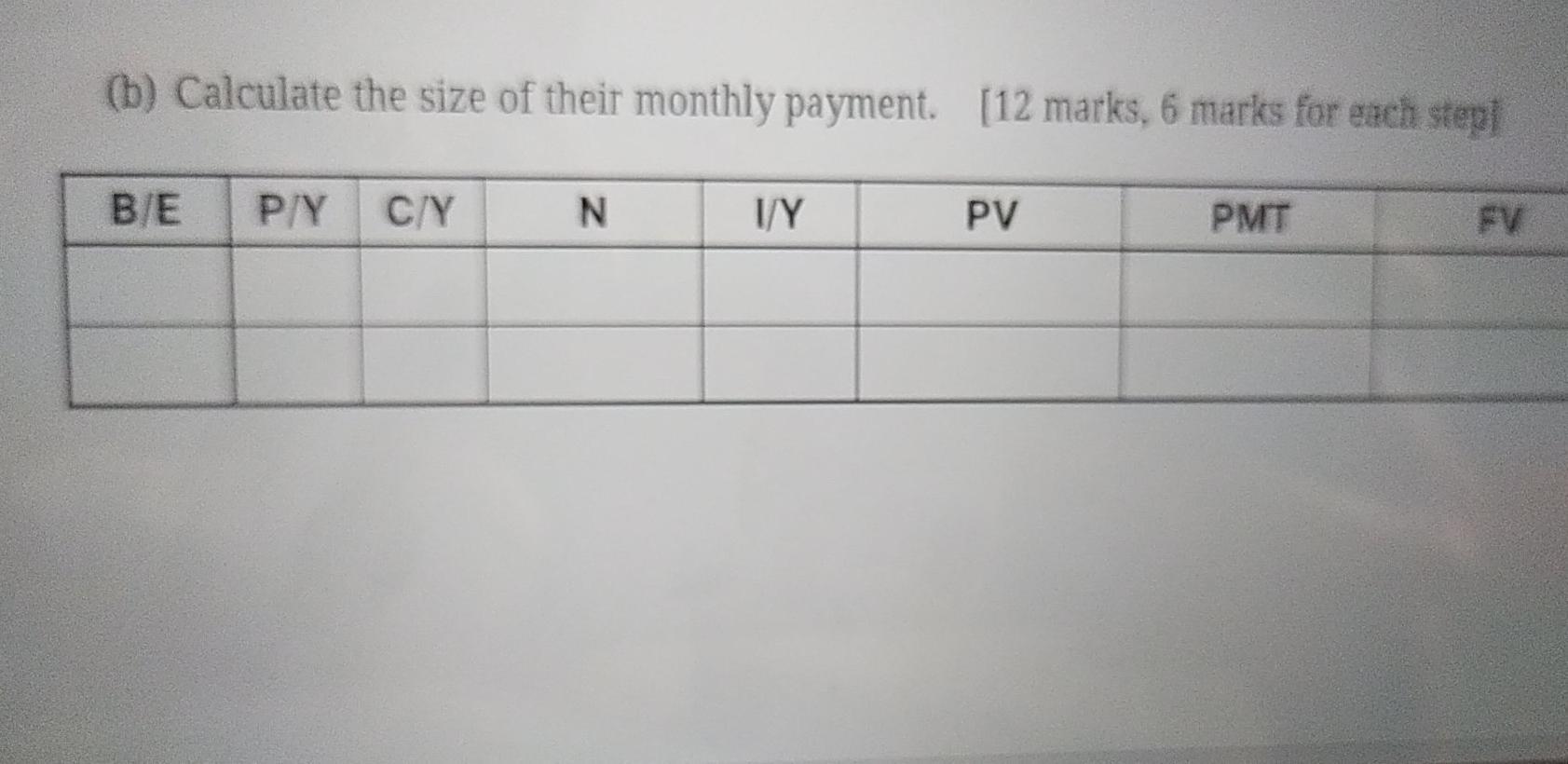 (b) Calculate the size of their monthly payment. [12 marks, 6 marks for each step B/E P/Y C/Y NI/Y PV PMT