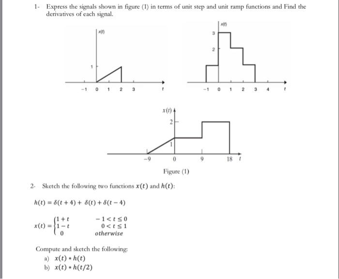 1 Express the signals shown in figure (1) in terms of unit step and unit ramp functions and Find the derivatives of each signal. 1 0 2 3 x(0) -9 18 Figure (1) 2 Sketch the following two functions x(t) and h(t) h(t) = δ(t + 4) + δ(t) + δ(t-4) 1+ t 1-t x(t) = otherwise Compute and sketch the following a) x()h(t) b) x)h(t/2)