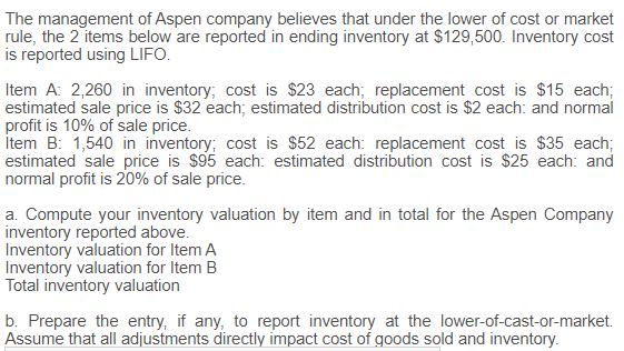 The management of Aspen company believes that under the lower of cost or marketrule, the 2 items below are reported in endin