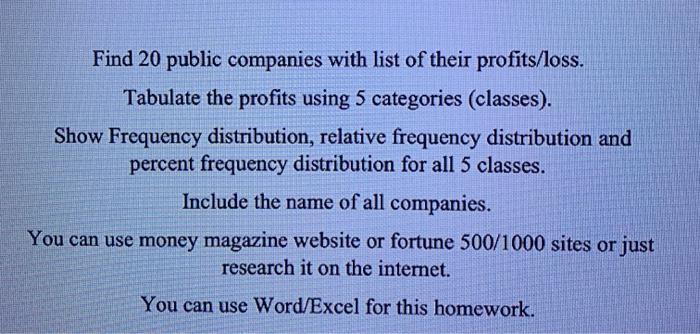 Find 20 public companies with list of their profits/loss. Tabulate the profits using 5 categories (classes). Show Frequency d