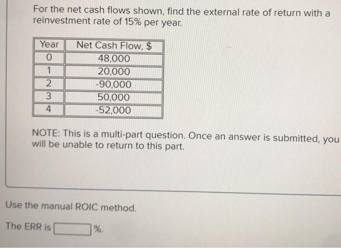 For the net cash flows shown, find the external rate of return with a reinvestment rate of 15% per year. Year 01 2احب الجال