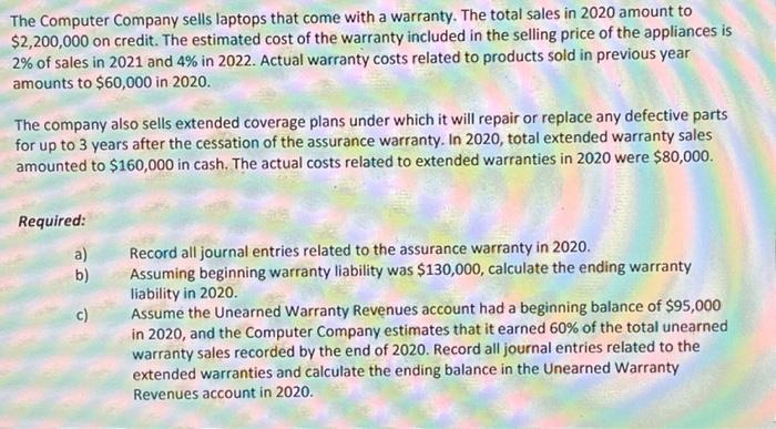 The Computer Company sells laptops that come with a warranty. The total sales in 2020 amount to$2,200,000 on credit. The est