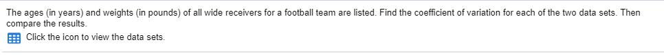 The ages (in years) and weights (in pounds) of all wide receivers for a football team are listed. Find the coefficient of variation for each of the two data sets. Then compare the results. 囲 Click the icon to view the data sets.