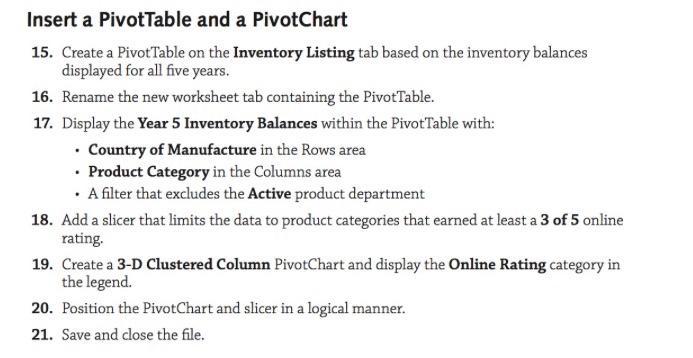 Insert a Pivot Table and a PivotChart 15. Create a Pivot Table on the Inventory Listing tab based on the inventory balances d
