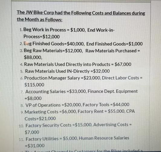 The JW Bike Corp had the Following Costs and Balances during the Month as Follows; 1. Beg Work in Process = $1,000, End Work-