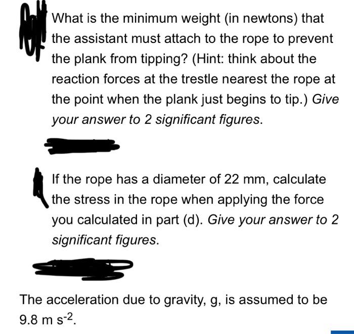 What is the minimum weight (in newtons) that the assistant must attach to the rope to prevent the plank from tipping? (Hint: