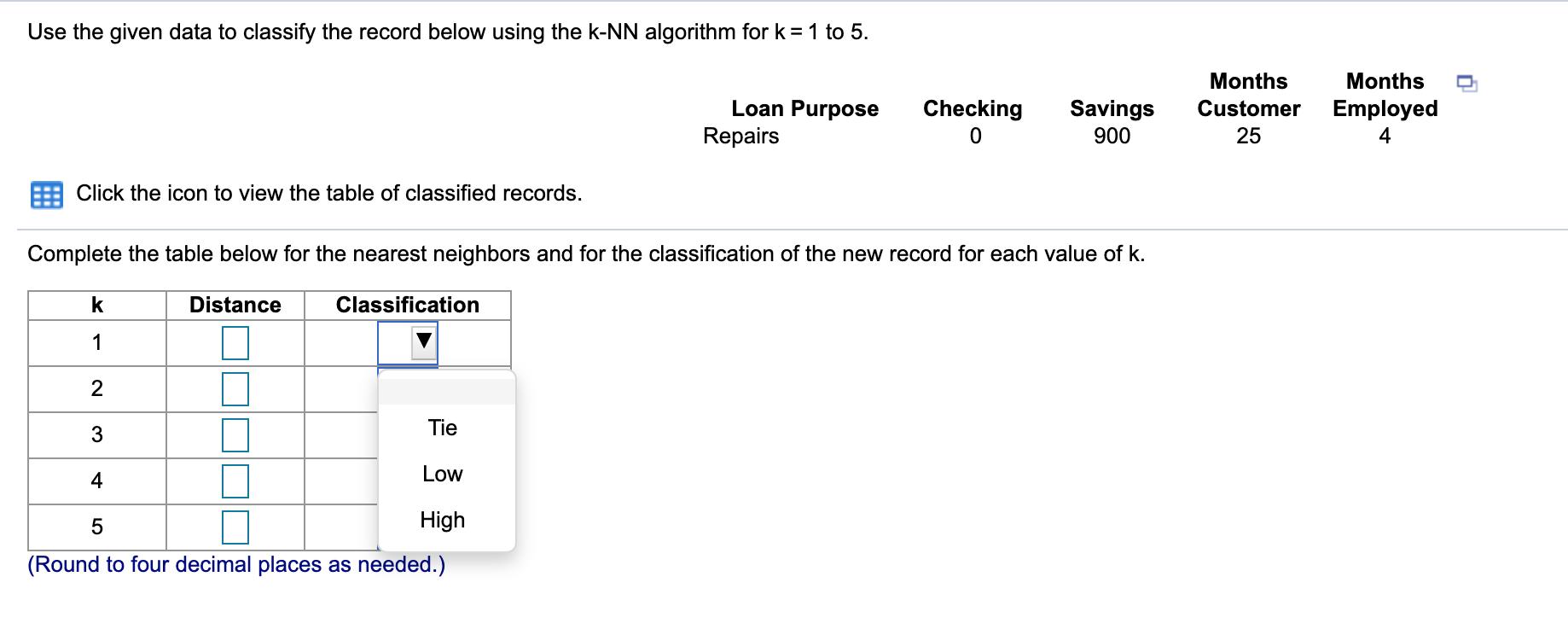 Use the given data to classify the record below using the k-NN algorithm for k= 1 to 5. Loan Purpose Repairs Checking 0Savin