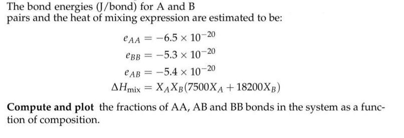 The bond energies (J/bond) for A and B pairs and the heat