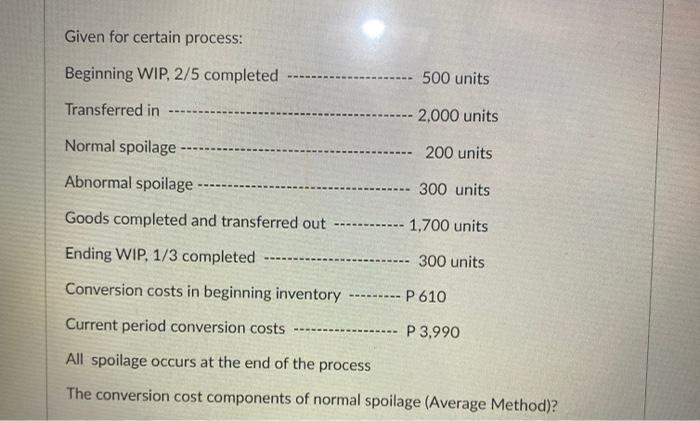 Given for certain process: Beginning WIP, 2/5 completed 500 units Transferred in 2,000 units Normal spoilage 200 units Abnorm