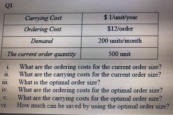 Q1 Carrying Cost Ordering Cost Demand $ 1/unit year $12/order 200 units/month 500 unit The current order quantity 1. ii. What are the carrying costs for the current order size? ii. What is the optimal order size? iv. What are the ordering costs for the optimal order size? v. What are the carrying costs for the optimal order size? vi. How much can be saved by using the optimal order size?