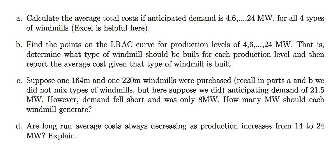 a. Calculate the average total costs if anticipated demand is 4,6,...,24 MW, for all 4 types of windmills (Excel is helpful h