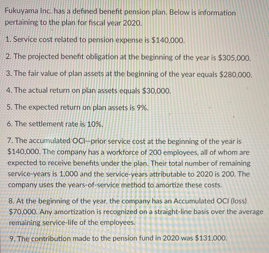 Fukuyama Inc. has a defined benefit pension plan. Below is informationpertaining to the plan for fiscal year 2020.1. Servic