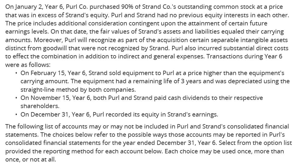 On January 2, Year 6, Purl Co. purchased 90% of Strand Co.s outstanding common stock at a price that was in excess of Strand