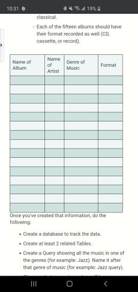 10:31 @ ** 19% classical Each of the fifteen albums should have their format recorded as well (CD, cassette, or record) Name