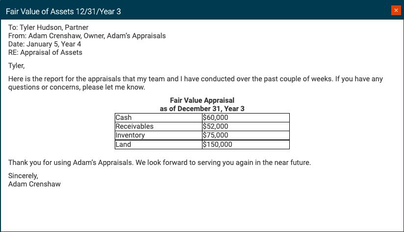 X Fair Value of Assets 12/31/Year 3 To: Tyler Hudson, Partner From: Adam Crenshaw, Owner, Adams Appraisals Date: January 5,