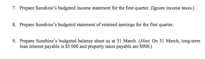 7. Prepare Sunshines budgeted income statement for the first quarter. (Ignore income taxes.) 8. Prepare Sunshines budgeted