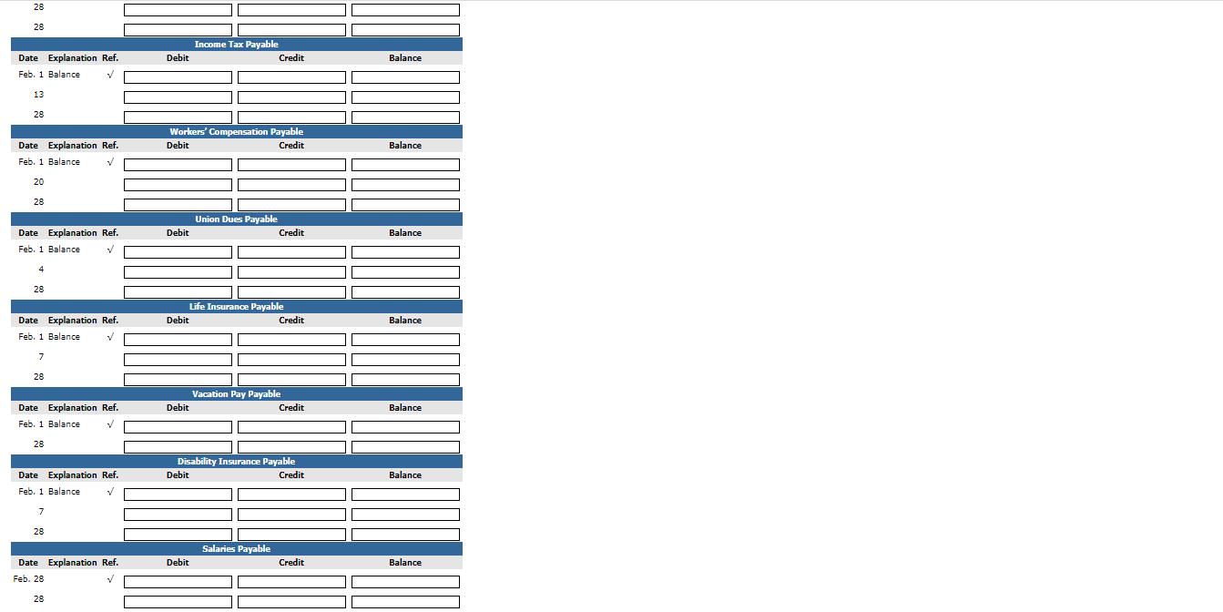 28 28 Income Tax Payable Credit Debit Balance Date Explanation Ref. Feb. 1 Balance ✓ 13 28 Workers Compensation Payable Debi