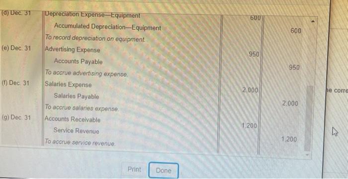 (d) Dec. 31 600 600 (e) Dec 31 950 950 Depreciation Expense-Equipment Accumulated Depreciation-Equipment To record depreciati