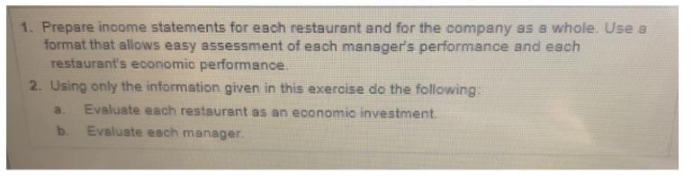 1. Prepare income statements for each restaurant and for the company as a whole. Use a format that allows