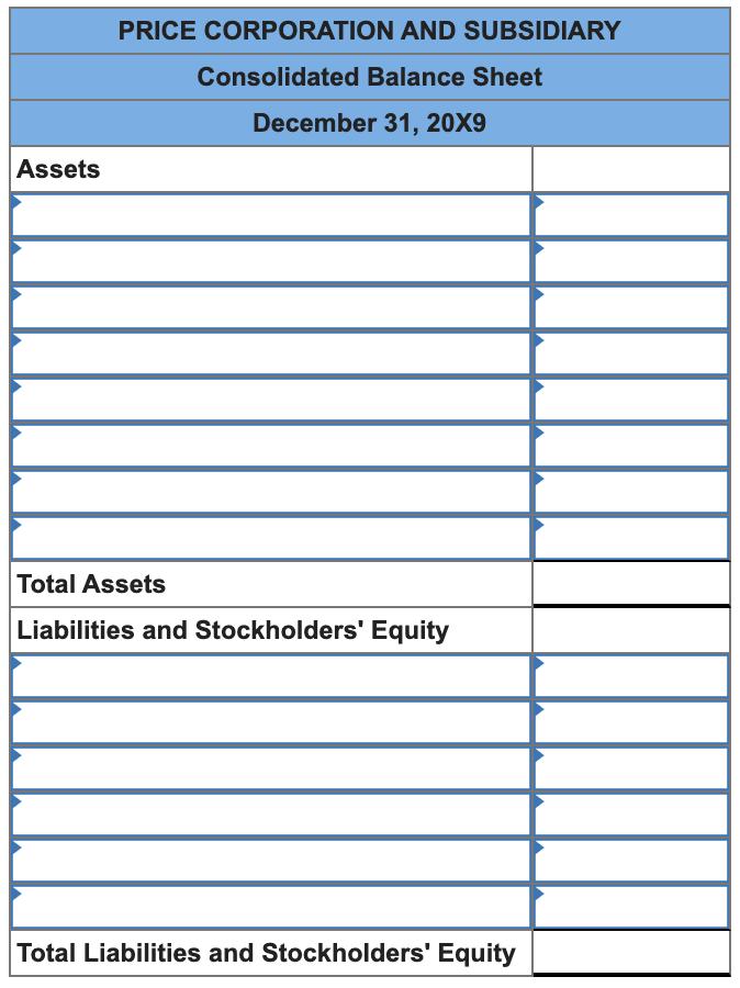 PRICE CORPORATION AND SUBSIDIARY Consolidated Balance Sheet December 31, 20X9 Assets Total Assets Liabilities and Stockholder
