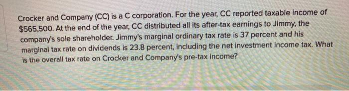 Crocker and Company (CC) is a C corporation. For the year, CC reported taxable income of $565,500. At the end of the year, CC