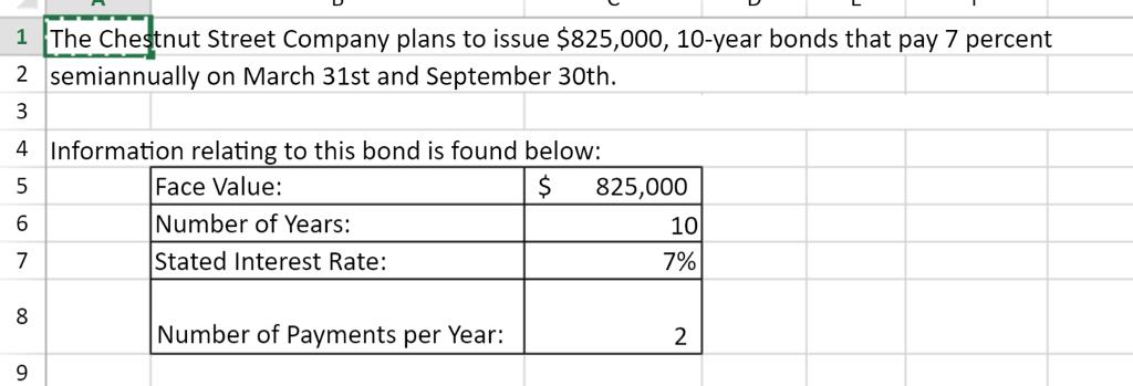 1 The Chestnut Street Company plans to issue $825,000, 10-year bonds that pay 7 percent 2 semiannually on March 31st and September 30th 4 Information relating to this bond is found below: Face Value: Number of Years: Stated Interest Rate: 825,000 10 7% 7 Number of Payments per Year: