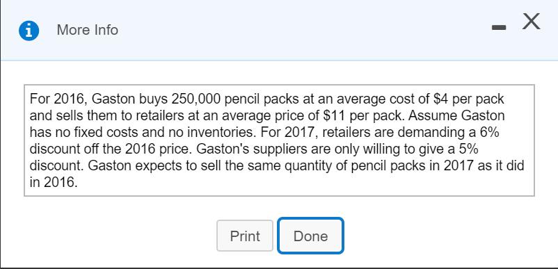 1 More Info -X For 2016, Gaston buys 250,000 pencil packs at an average cost of $4 per pack and sells them to retailers at a