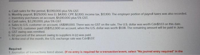 a. Cash sales for the period. $1,010,000 plus 5% GST b. Monthly payroll. $129,000; less El, $4100: CPP, $3,100; income tax. $