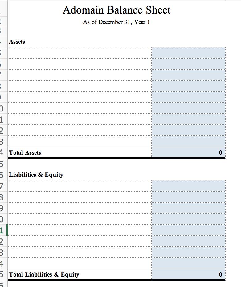 Adomain Balance Sheet As of December 31, Year 1 :Assets .0 12 34 Total Assets 55 Liabilities & Equity 73 31 23 45 To