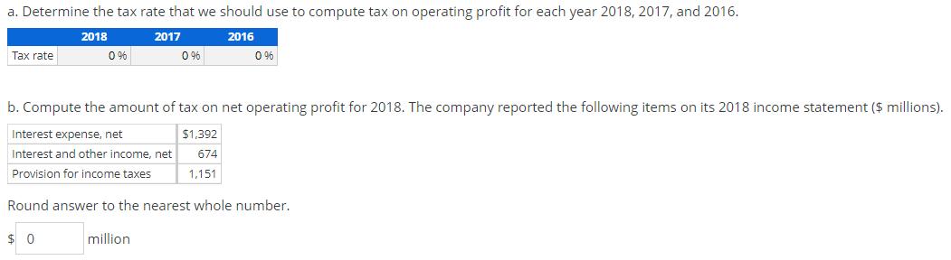 a. Determine the tax rate that we should use to compute tax on operating profit for each year 2018, 2017, and 2016. 2018 2017