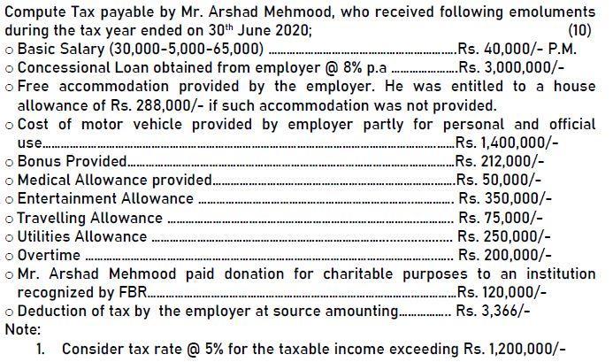 Compute Tax payable by Mr. Arshad Mehmood, who received following emoluments during the tax year ended on 30th June 2020; (10