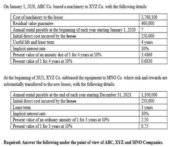 On January 1, 2020. ABC Co. leased a machinery to XYZ Co. with the following details: Cost of machinery to the lessor 3.760,1
