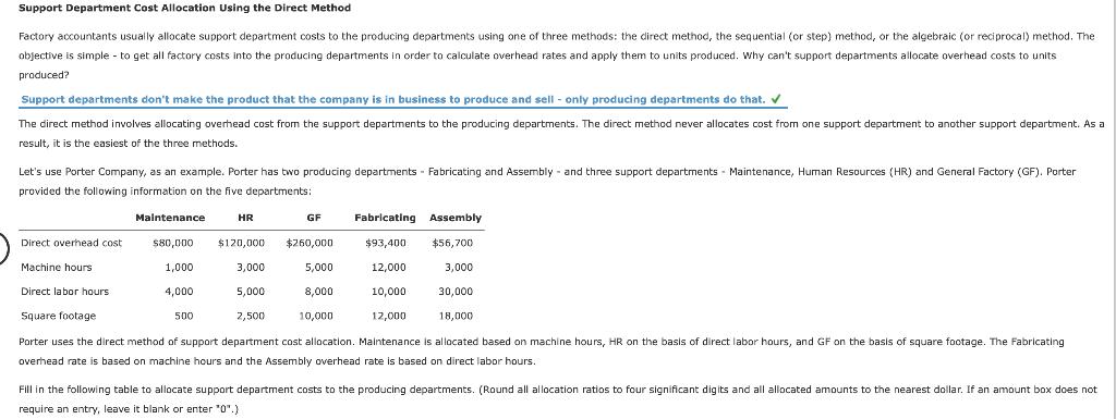 Support Department Cost Allocation Using the Direct Method Factory accountants usually allocate support department costs to t