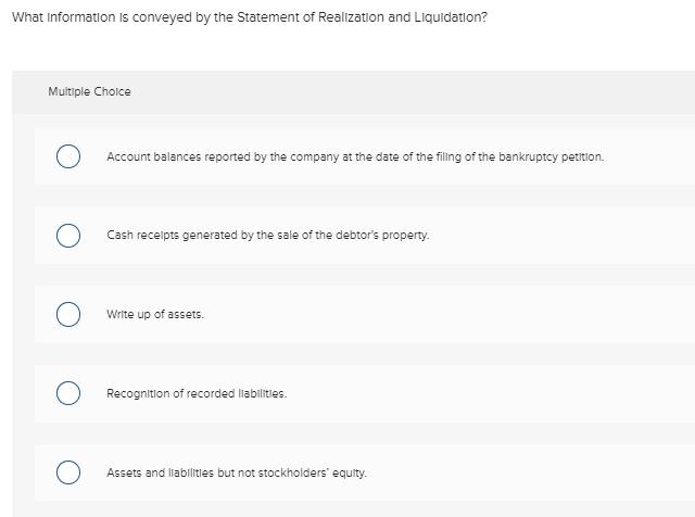 What Information is conveyed by the Statement of Realization and Liquidation? Multiple Cholce Account balances reported by th
